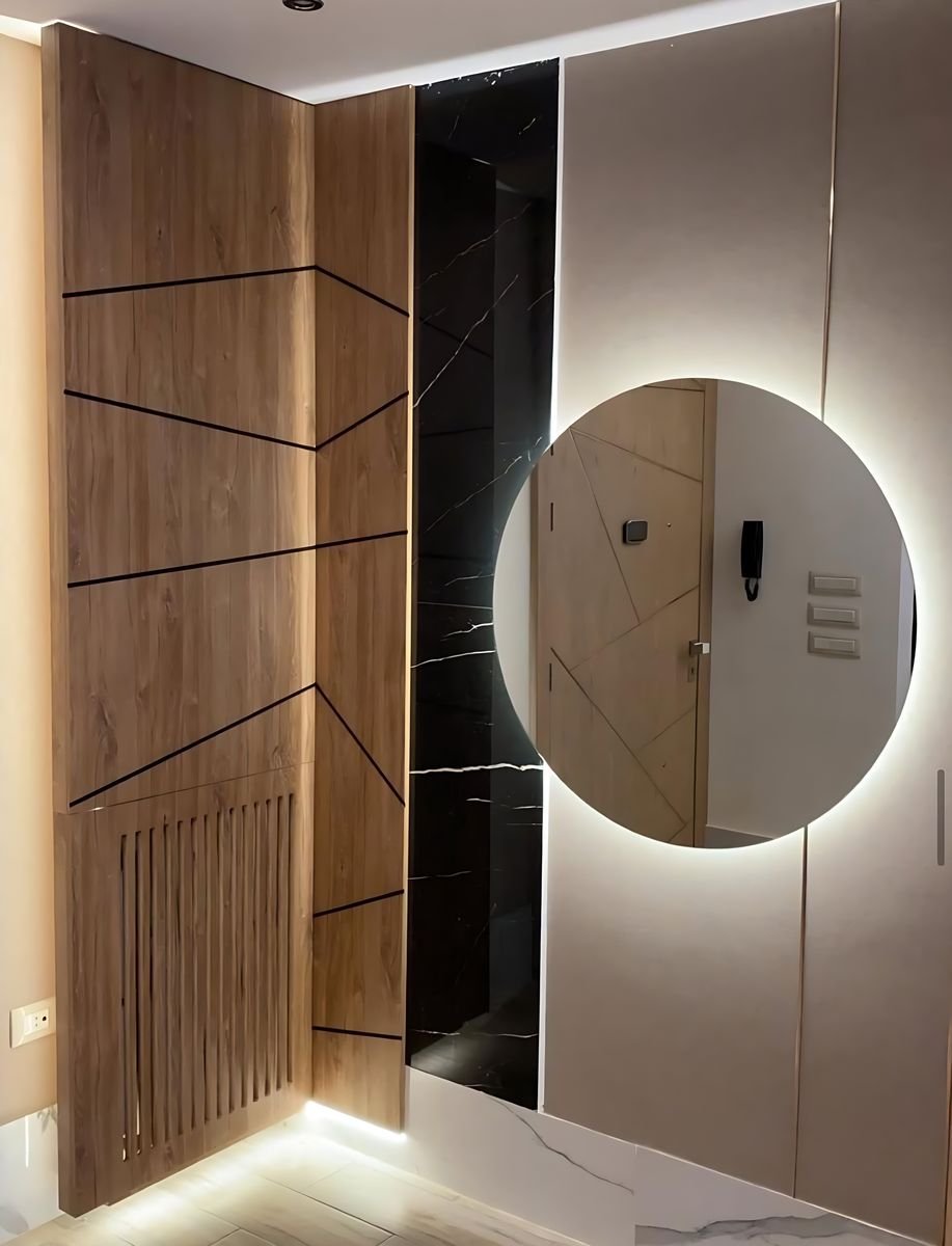 Oak and stone panels with a backlit mirror