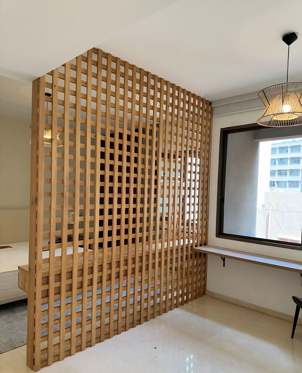 Oak lattice screen in a bedroom