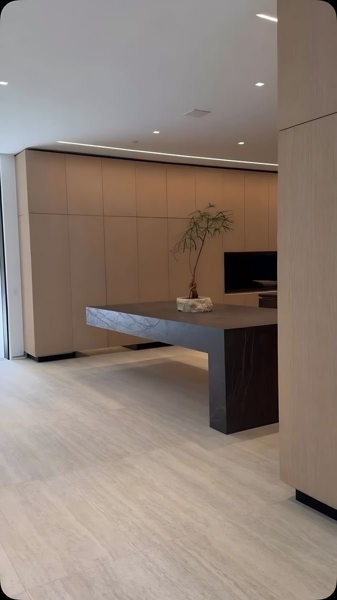 Stone island on a lit plinth, oak tall wall