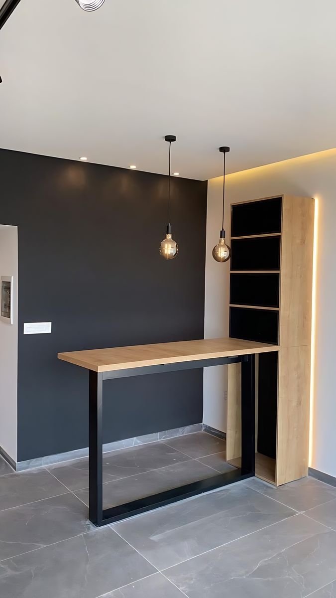 Oak bar table on a black steel frame