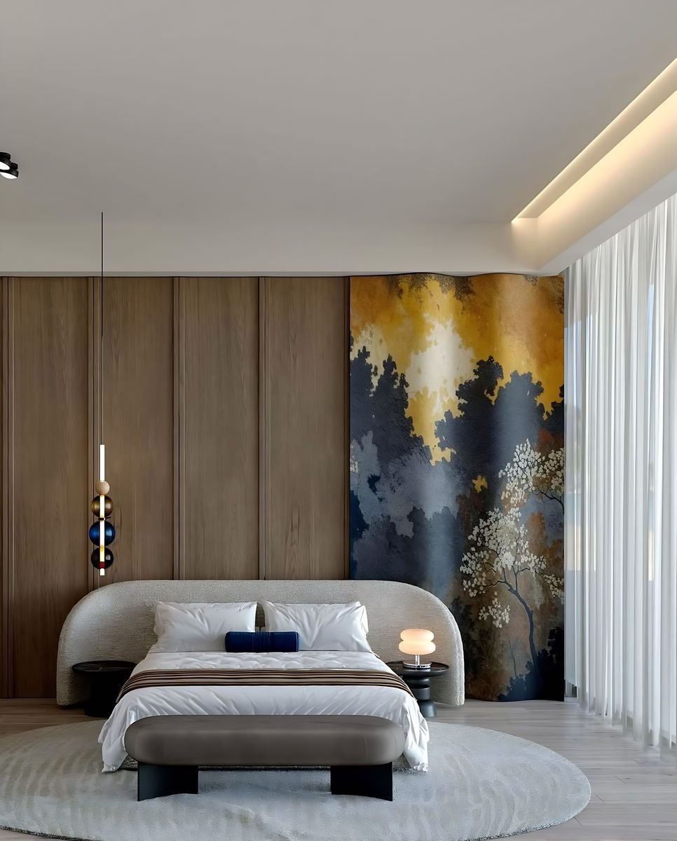 3D design: bedroom with timber wall
