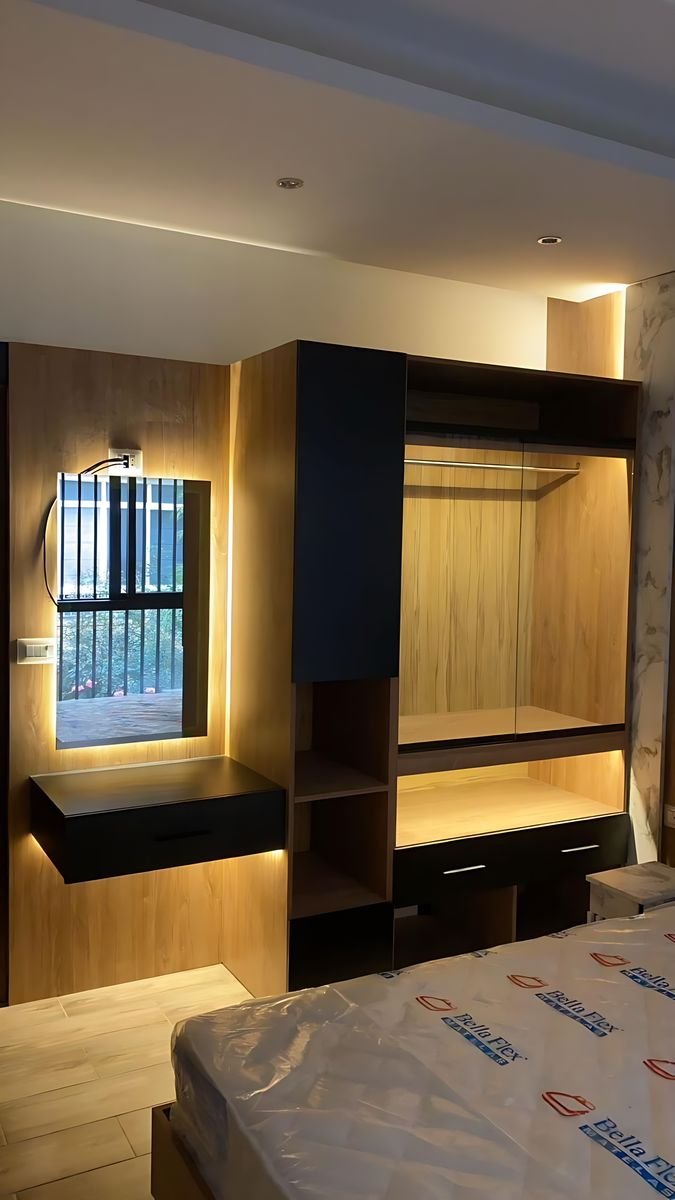 Bedroom wall unit with desk and open shelves