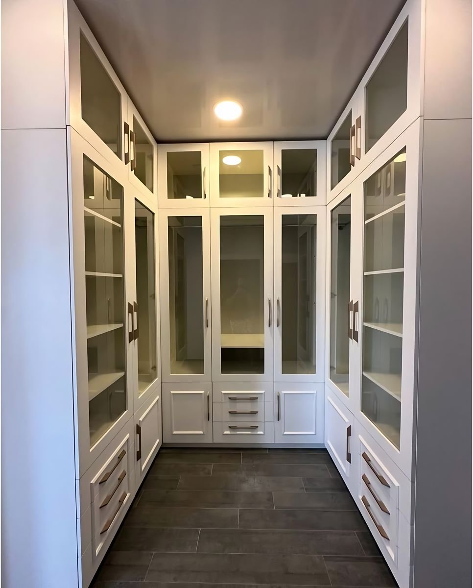 White dressing room with glass doors
